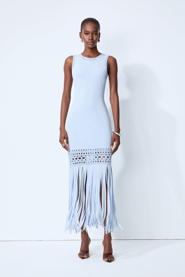 Blaues ärmelloses Häkel-Fransen-Maxikleid von KYMA
