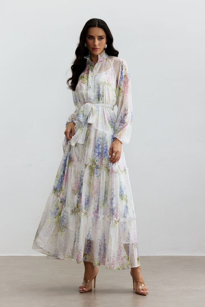 Angelica Blumenprint Stufenrüschen-Maxikleid mit Puffärmeln - KYMA