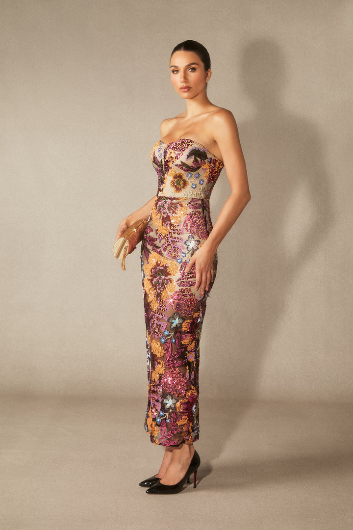 Aurora MAXIKLEID TRÄGERLOS MIT BLUMENSTICKEREI UND GLITZER