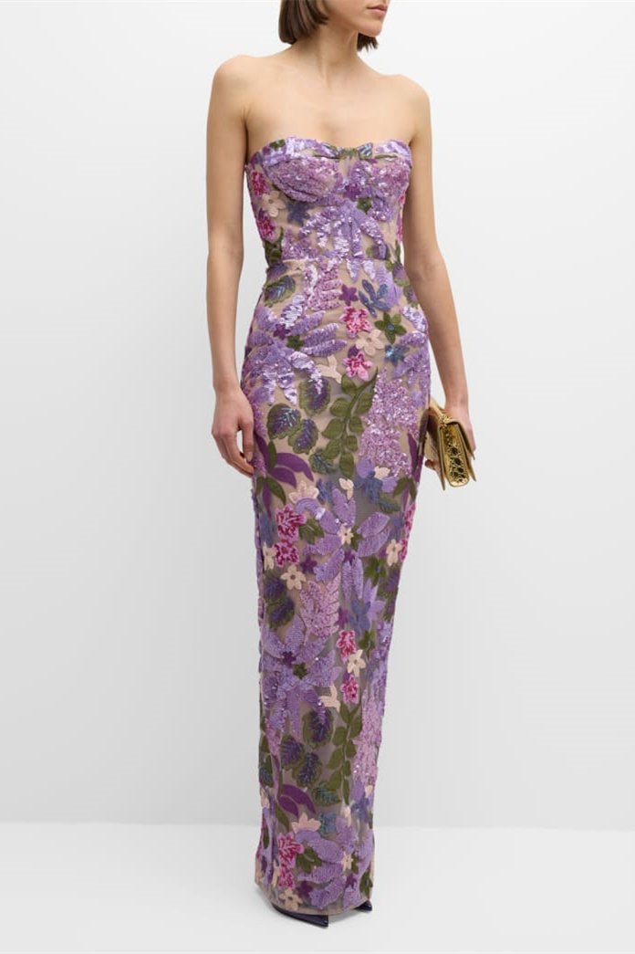 Aurora MAXIKLEID TRÄGERLOS MIT BLUMENSTICKEREI UND GLITZER