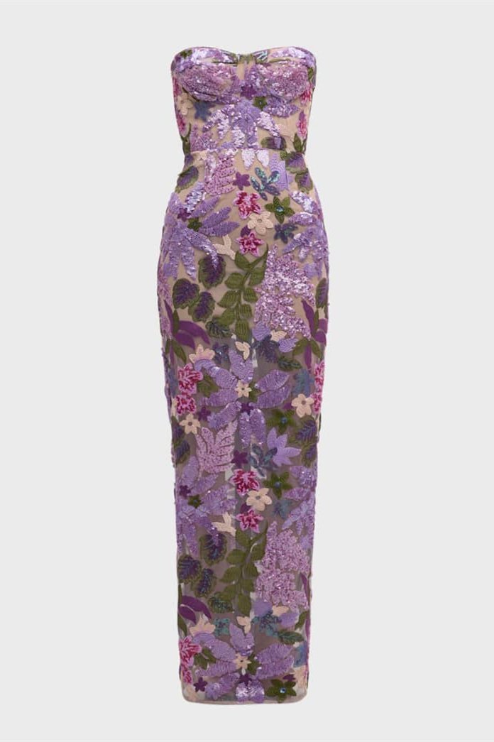 Aurora MAXIKLEID TRÄGERLOS MIT BLUMENSTICKEREI UND GLITZER