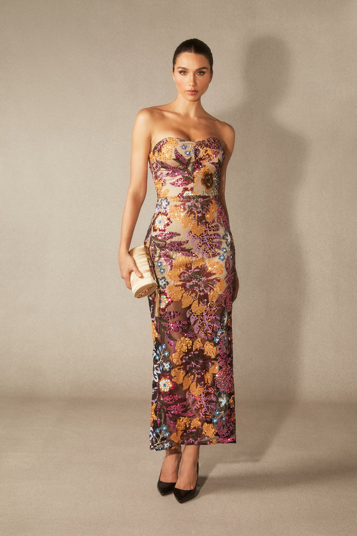 Aurora Maxikleid mit Blumenstickerei und Pailletten, trägerlos - KYMA