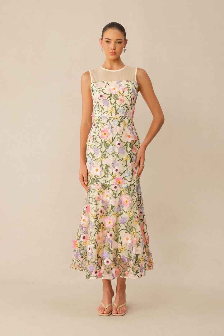 Beiges ärmelloses Midi-Kleid mit Blumenstickerei und transparentem Mesh-Ausschnitt - KYMA