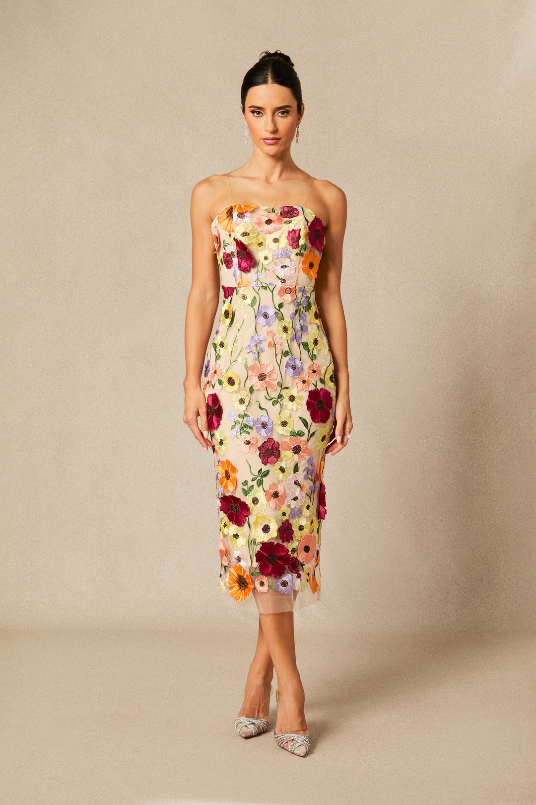 Belle trägerloses Midi-Kleid mit Spitze und Blumenmuster vorne - KYMA