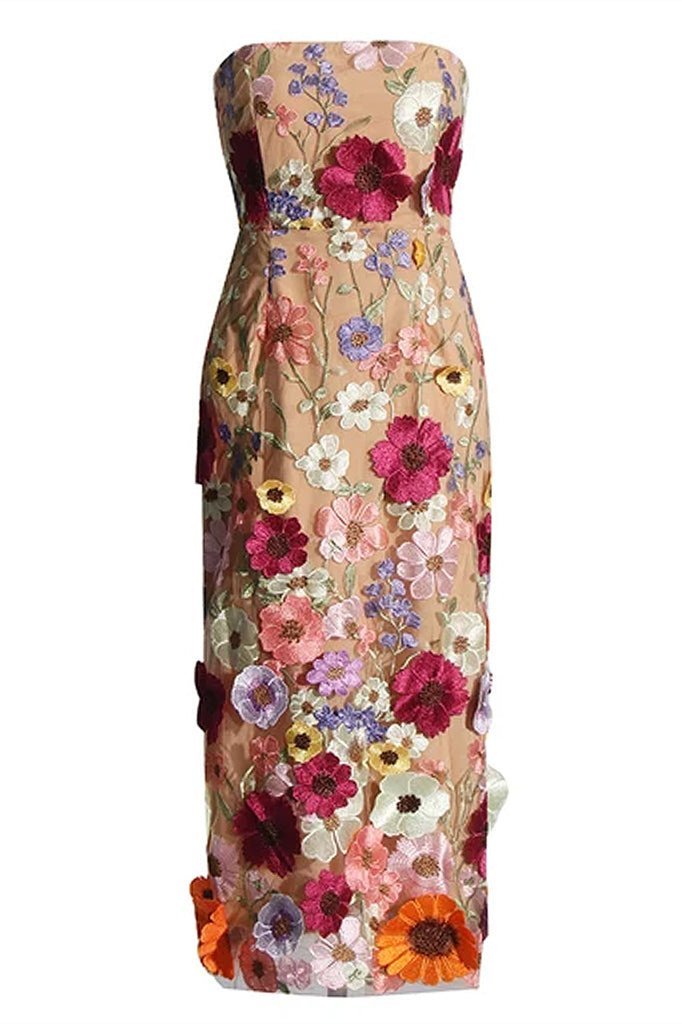Belle Trägerloses Midi-Kleid mit Spitze und Blumenmuster – KYMA