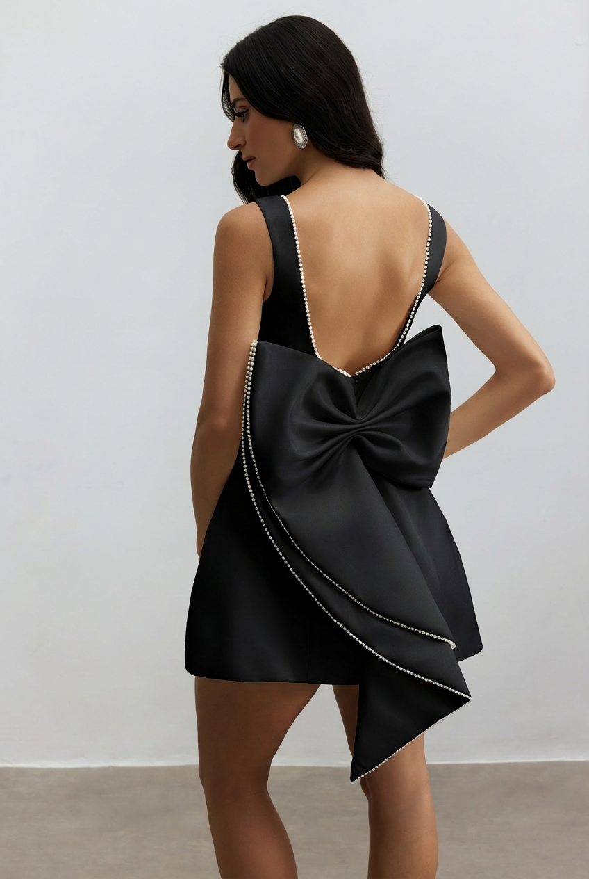 Cecila Schleifen-Perlen Rückenfreies Mini-Kleid vor neutralem Hintergrund