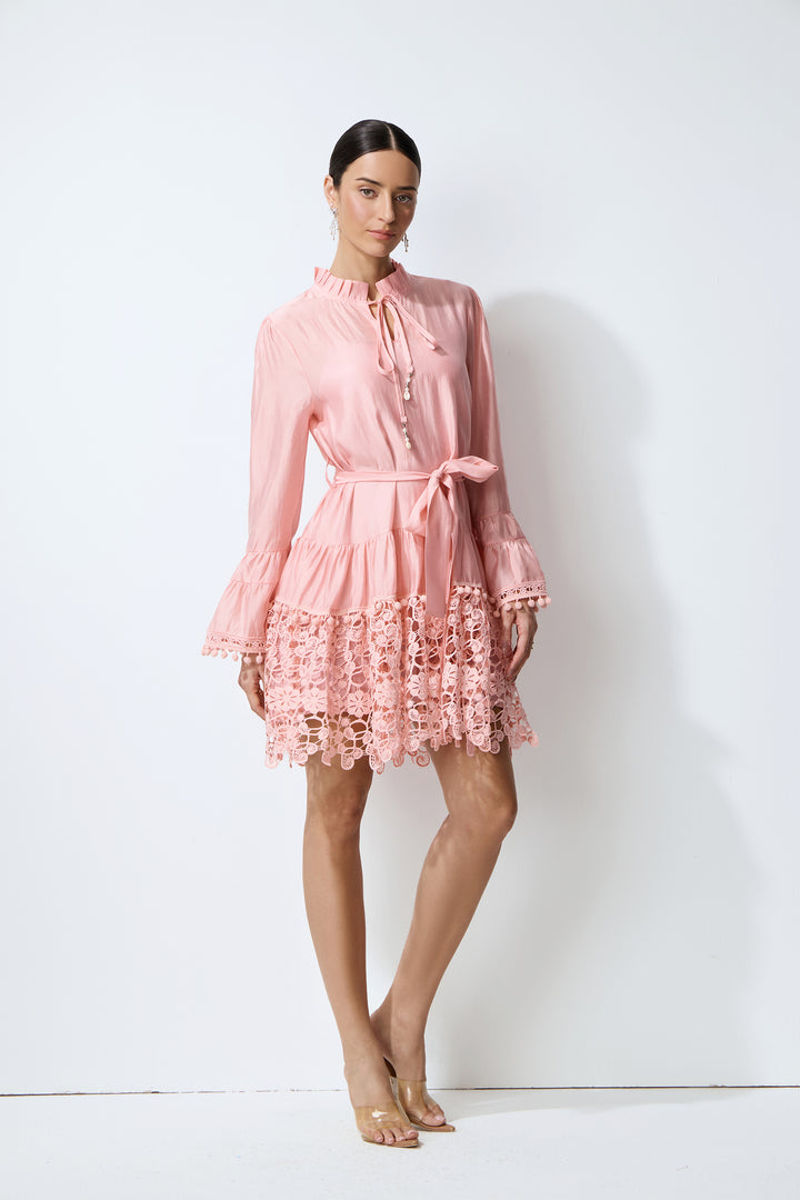 Entzückendes Charme Pink Langarm Stufen-Spitzen-Minikleid Vorderansicht
