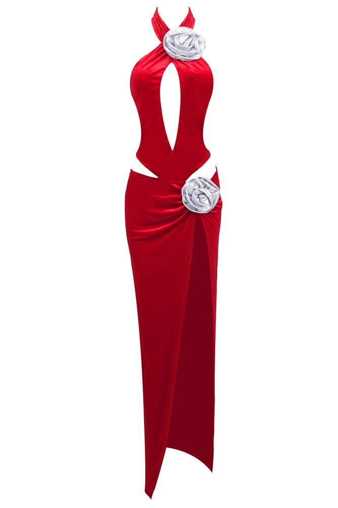 Clara Diamante Rose Samtkleid Set mit Hohem Schlitz - KYMA