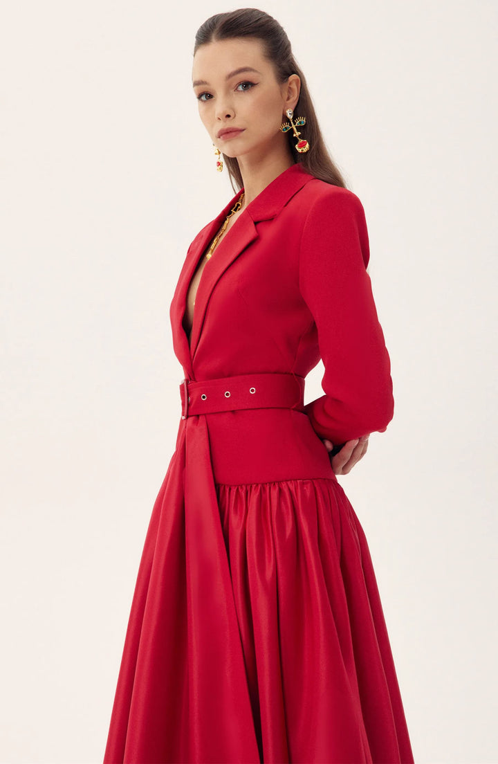 Daphne Midi-Kleid mit Revers und langen Ärmeln – Stoff Satin – KYMA