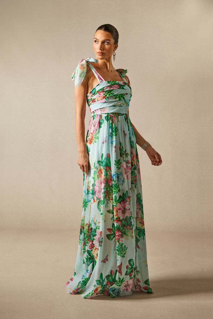 Nahaufnahme des Blumenmusters auf dem Dinah Kleid - KYMA