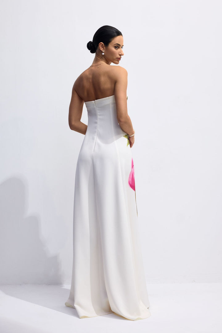 Dorothy trägerloses Satin-Maxikleid mit Blumenprint – KYMA