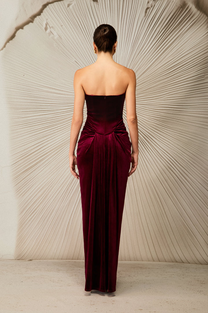 Dorothy Samt-Herz-Korsett plissiertes Tube-Maxikleid – KYMA – Stoffdetail Samt