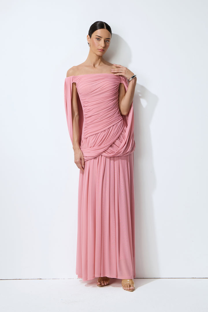 Pinkes Maxikleid mit Off-Shoulder-Ausschnitt und Drapierung