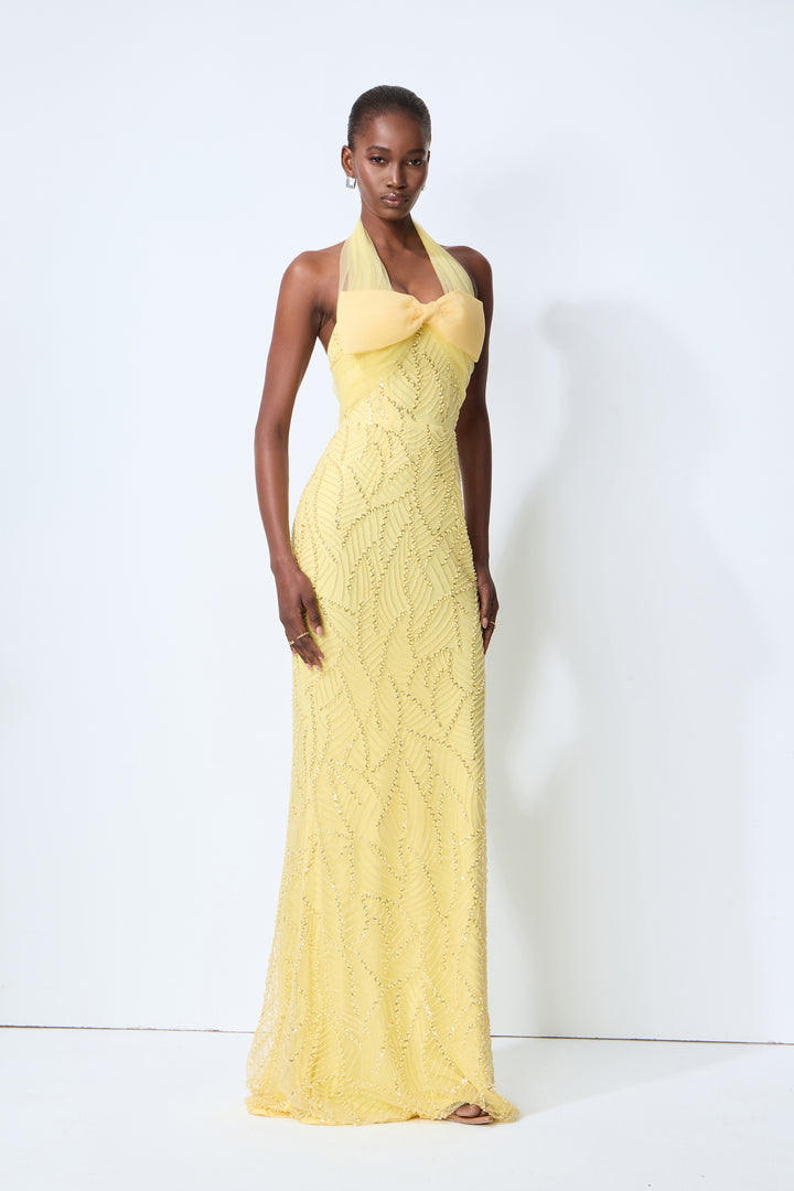 Shine Into Midnight Yellow Bow Sequin Embellished Maxi Dress