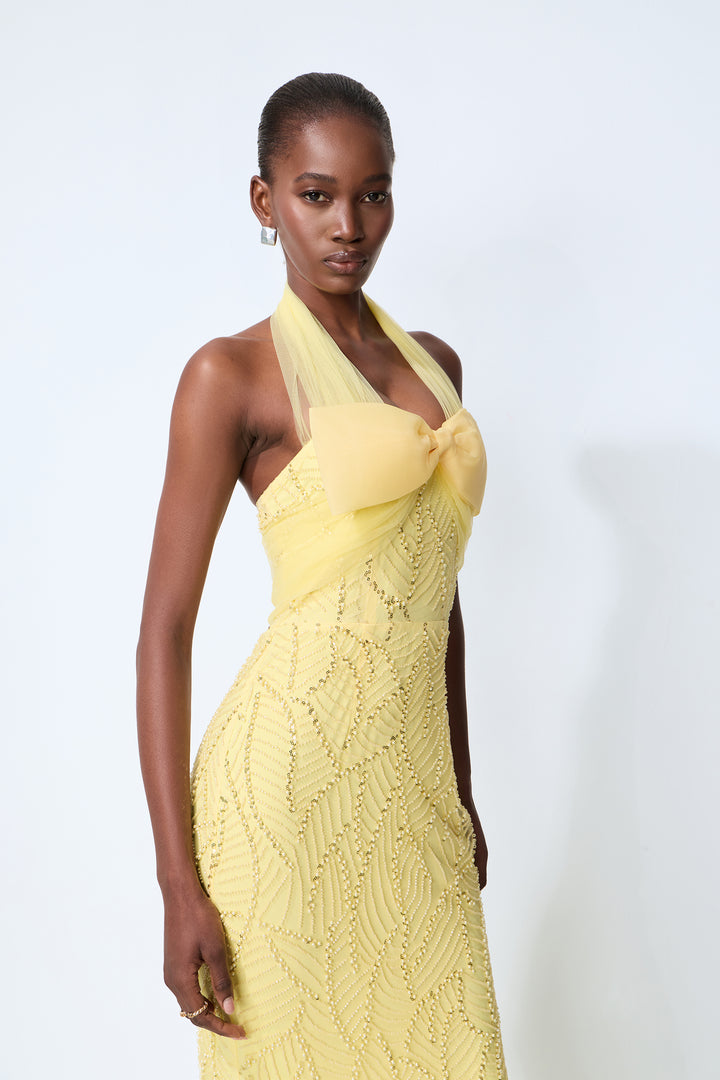 Shine Into Midnight Yellow Bow Sequin Embellished Maxi Dress Sequins