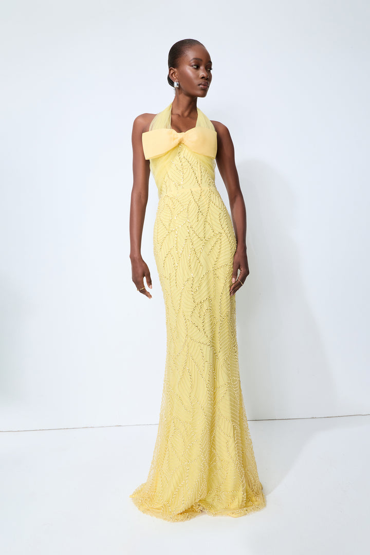 Shine Into Midnight Yellow Bow Sequin Embellished Maxi Dress Back