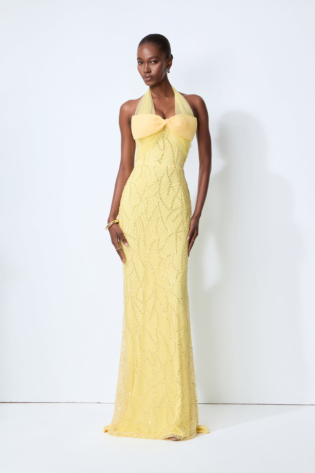Shine Into Midnight Yellow Bow Sequin Embellished Maxi Dress Model