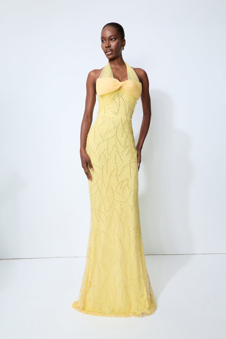 Shine Into Midnight Yellow Bow Sequin Embellished Maxi Dress Fabric