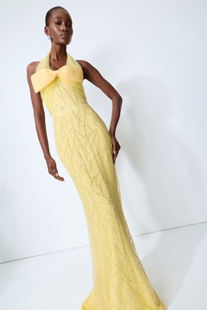 Shine Into Midnight Yellow Bow Sequin Embellished Maxi Dress Close-up