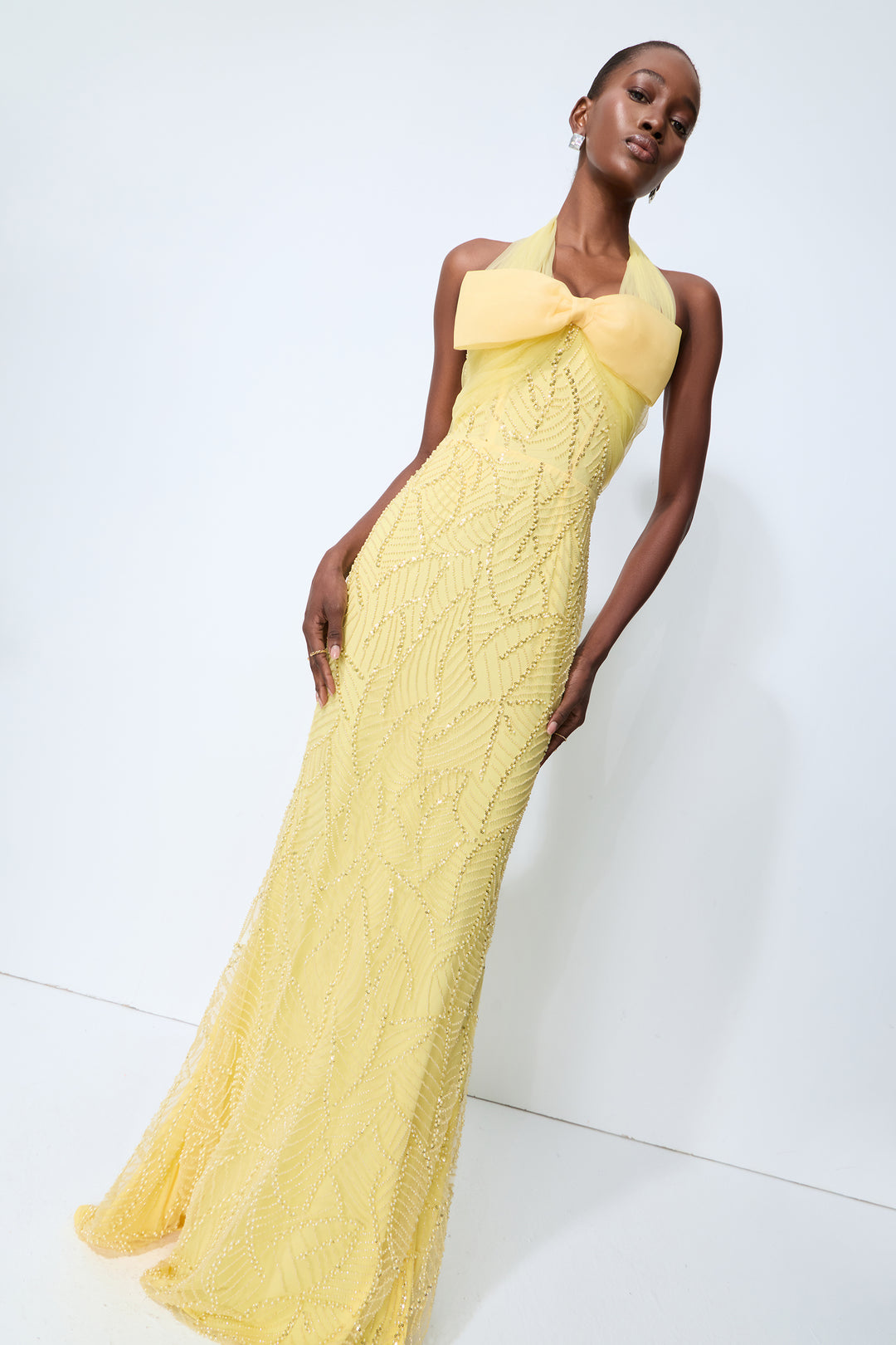 Shine Into Midnight Yellow Bow Sequin Embellished Maxi Dress Gala