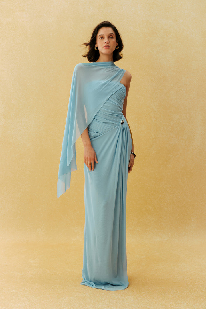 Blaues Maxikleid mit Raffungen und Schal, trägerlos, elegant, bodenlang - KYMA