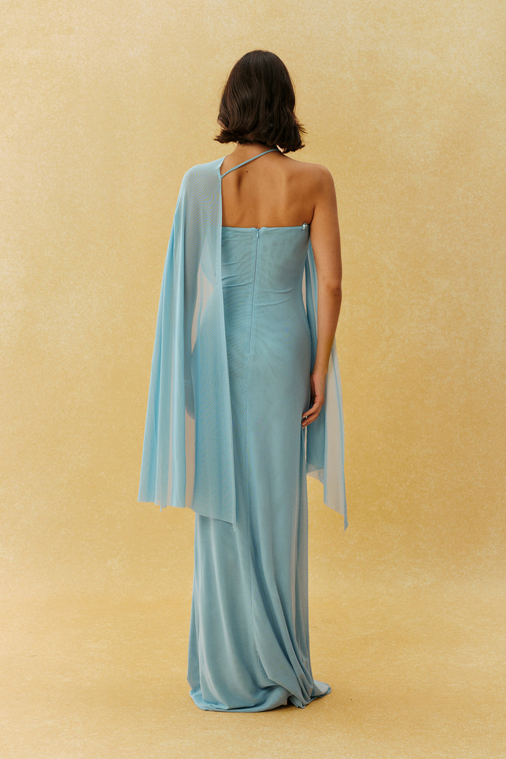 Stoffdetail des blauen Maxikleids aus Chiffon - KYMA