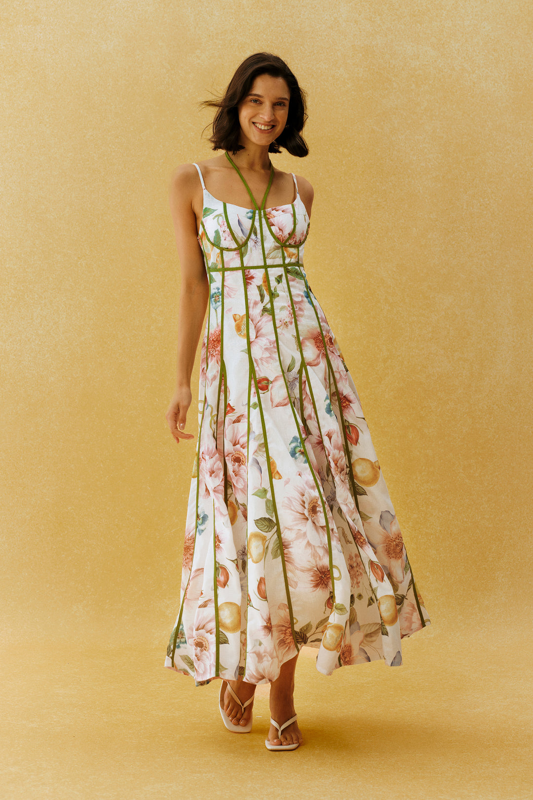 Weißes Maxikleid mit Blumenprint und Corset-Oberteil vorne - KYMA