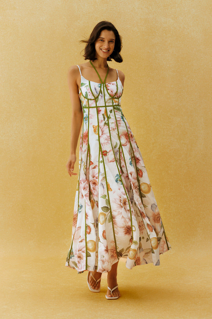 Weißes Maxikleid mit Blumenprint und Corset-Oberteil vorne - KYMA