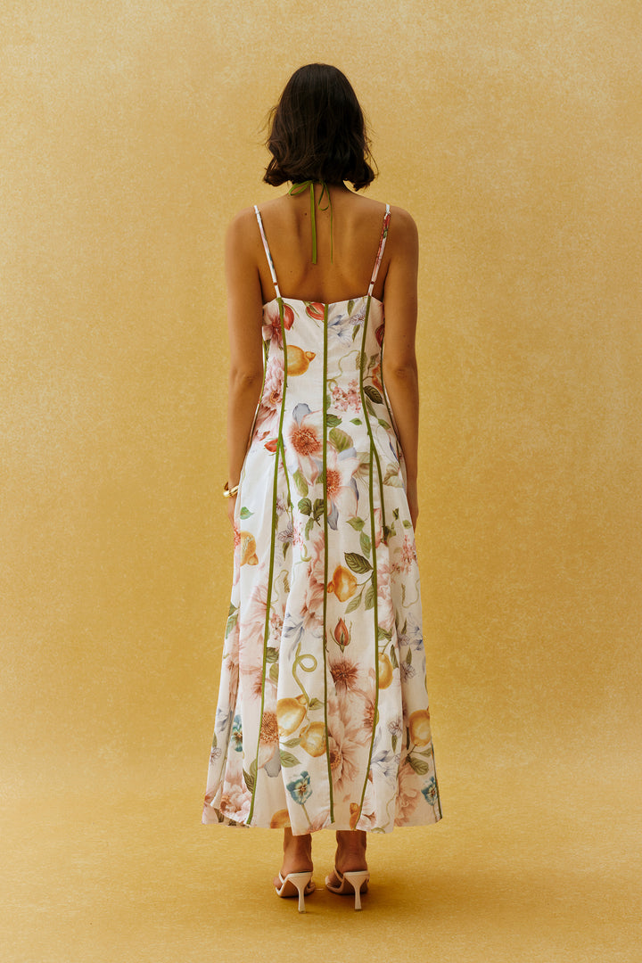 Weißes Maxikleid mit Blumenprint und Corset-Oberteil - KYMA