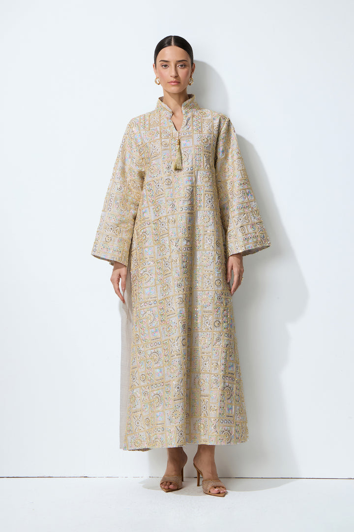 Graues geometrisch besticktes Kaftan-Maxikleid mit Pailletten