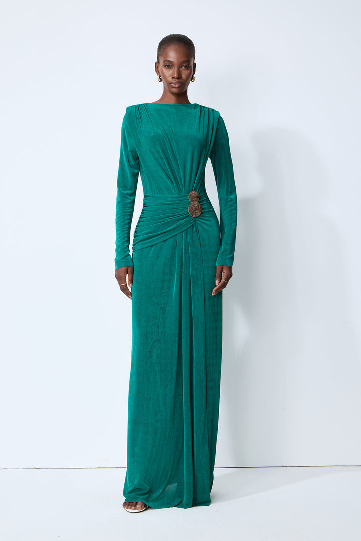 Serenade Me Grünes langärmeliges gerafftes Maxikleid - KYMA
