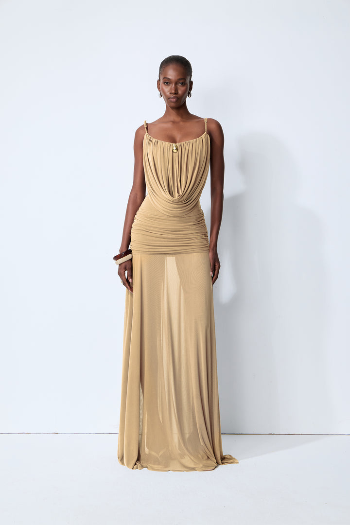 Khaki Maxikleid mit Wasserfallausschnitt – KYMA