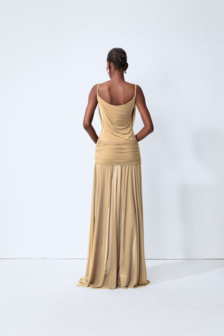 Stoffdetail des Khaki Maxikleids – KYMA