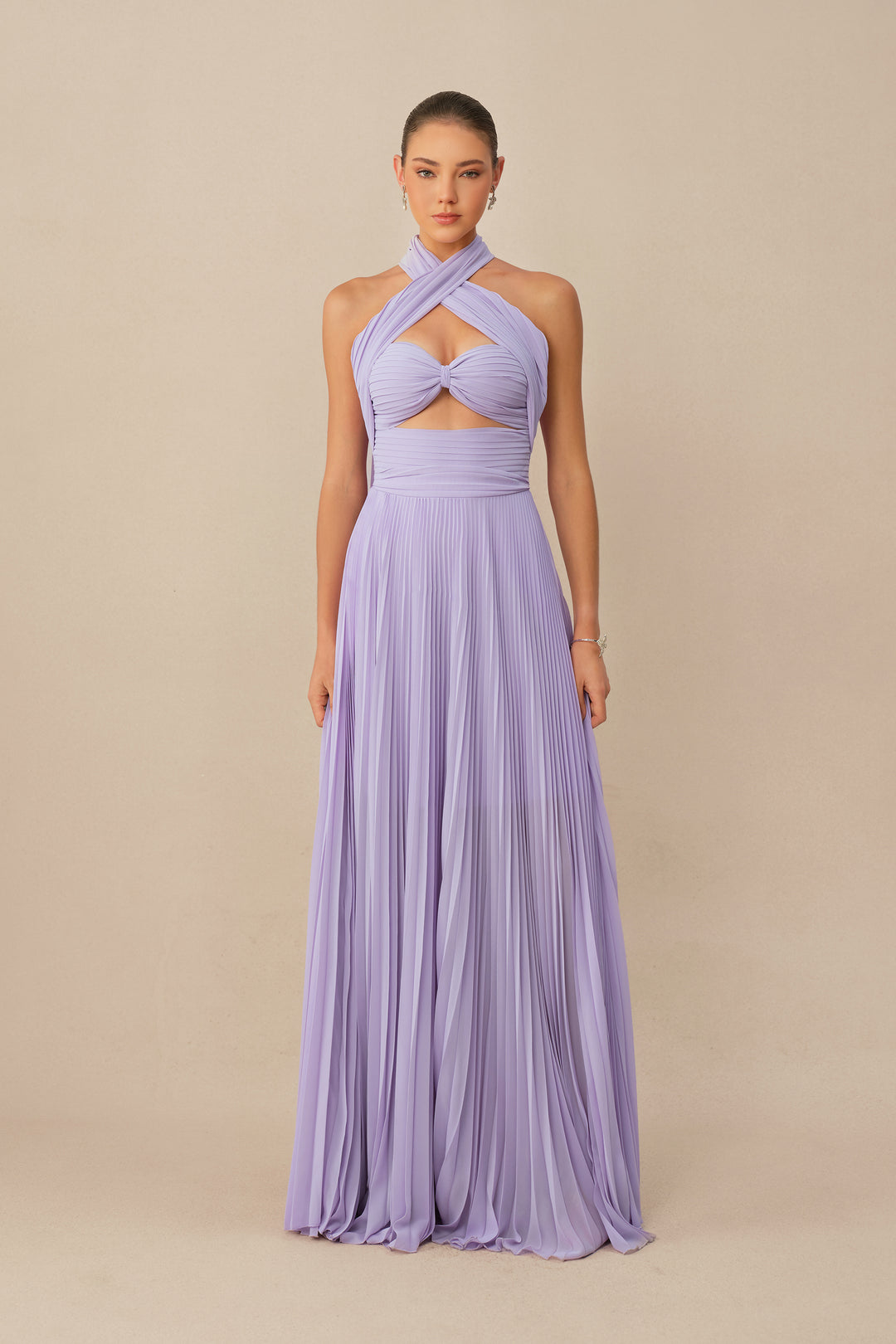Lila Maxikleid mit Kreuzträgern und Falten – KYMA