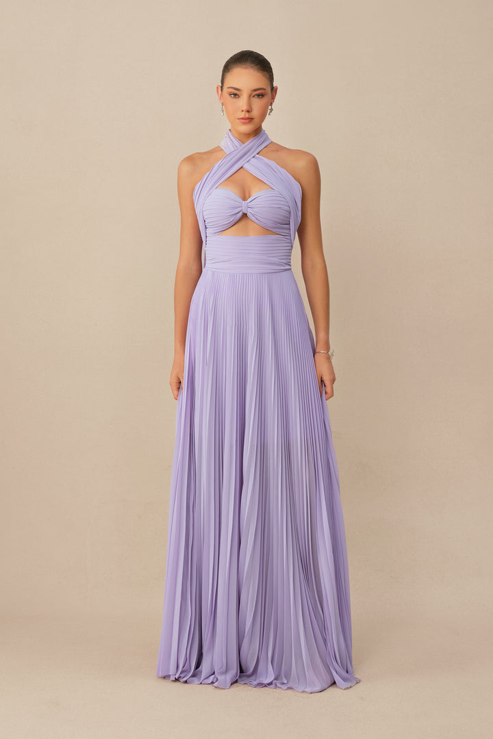 Lila Maxikleid mit Kreuzträgern und Falten – KYMA