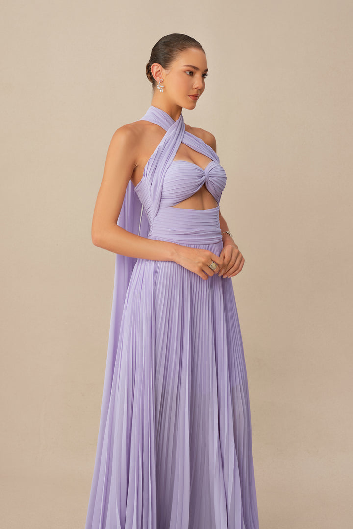 Lila Maxikleid mit Kreuzträgern und Falten – KYMA