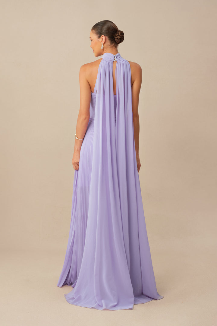 Lila Maxikleid mit Kreuzträgern und Falten – KYMA