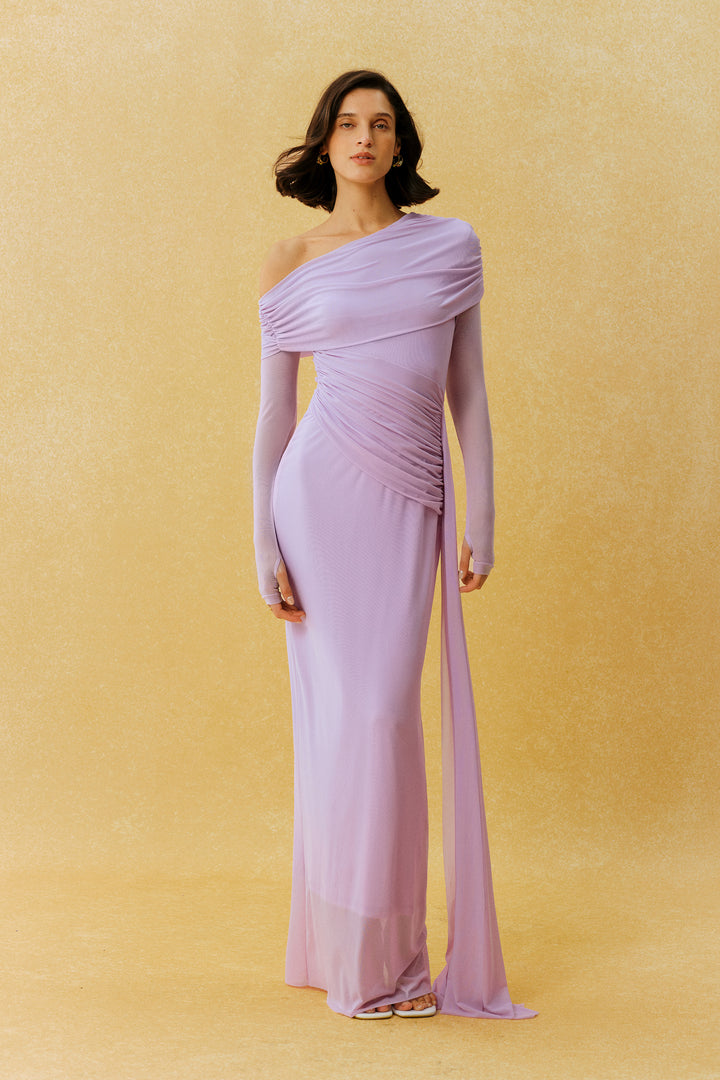 Elegantes lila One-Shoulder Maxikleid mit Raffungen