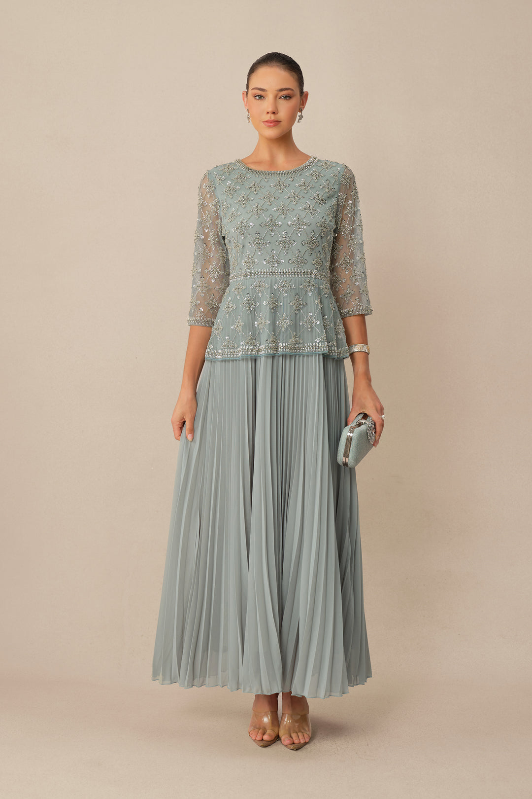 Blaues Maxikleid mit Pailletten und Plisseerock - KYMA