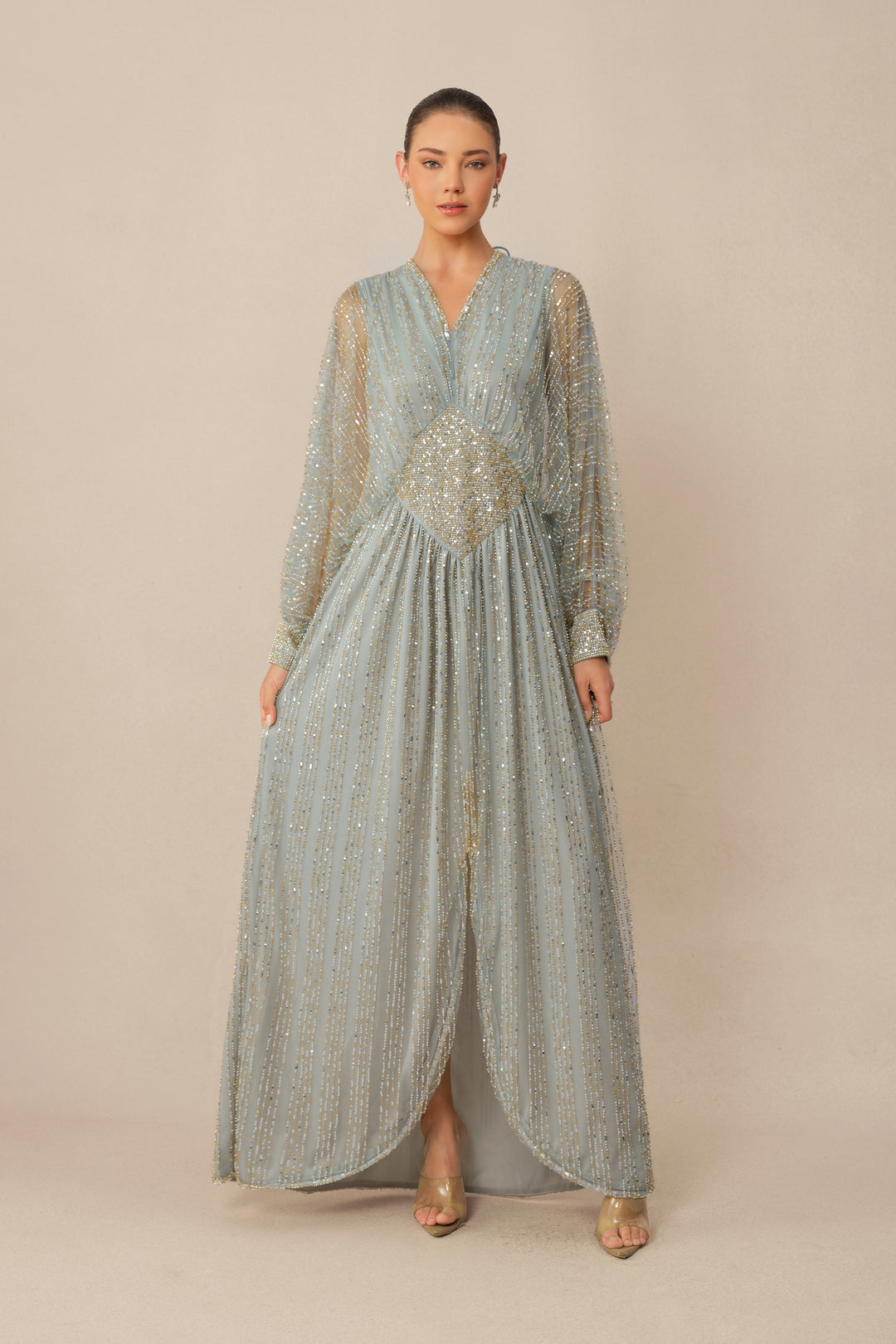Blaues Maxikleid mit Perlen und transparenten Ballonärmeln - KYMA