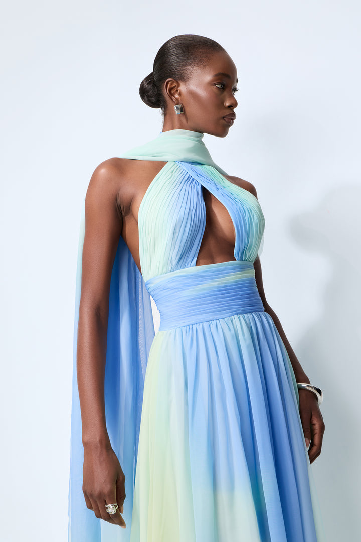 elegantes nachtblaues Chiffon-Maxikleid mit Schal – KYMA