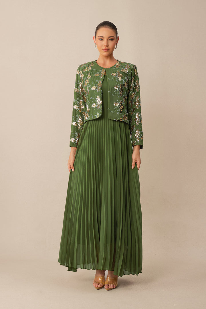 Grünes Pailletten-Blumen-Crop-Jacke & Plissiertes Kleid Set Vorderansicht - KYMA