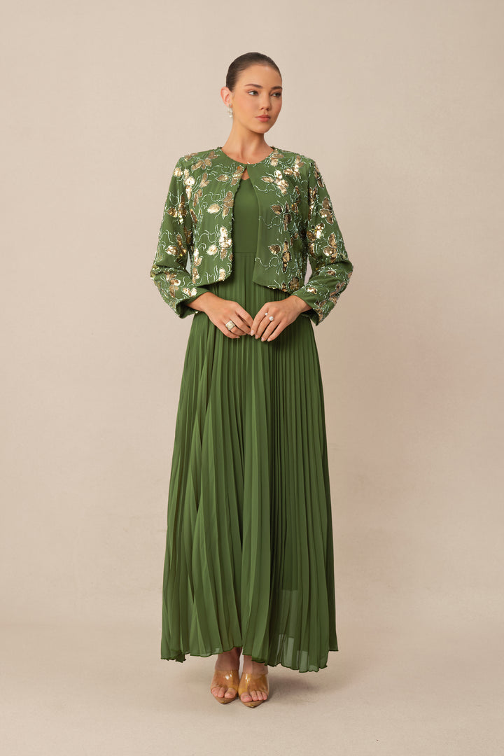 Grünes Pailletten-Blumen-Crop-Jacke & Plissiertes Kleid Set Kleid Detail Ausschnitt - KYMA