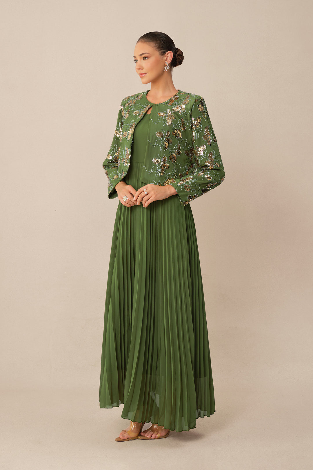 Grünes Pailletten-Blumen-Crop-Jacke & Plissiertes Kleid Set Kleid Detail Rock - KYMA