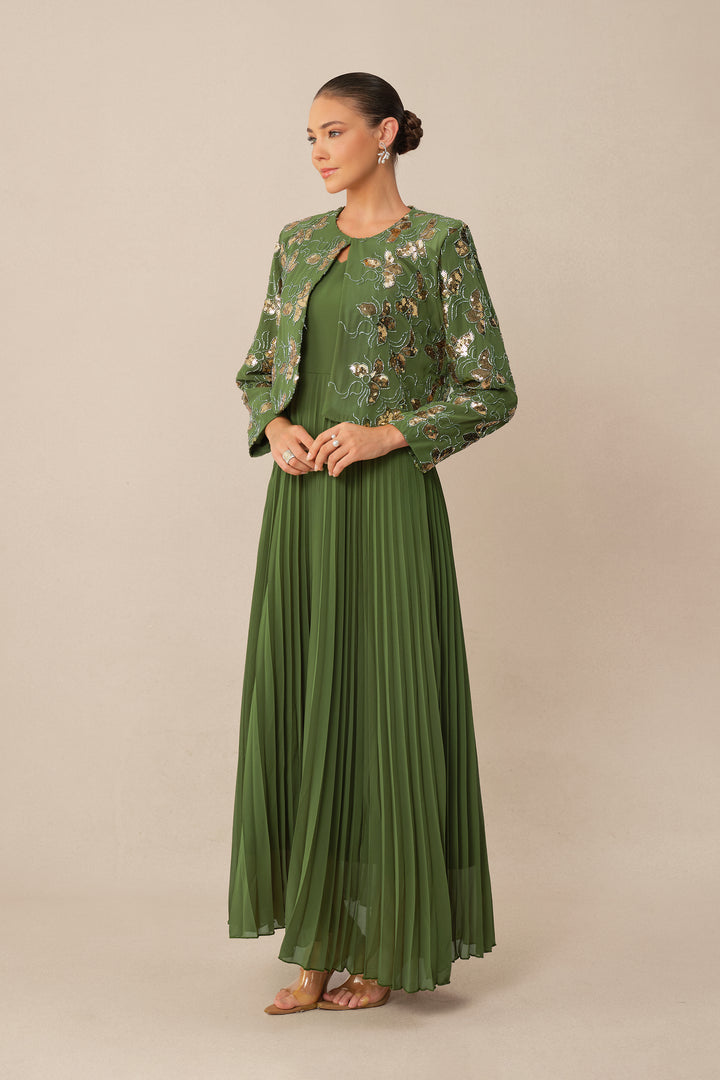 Grünes Pailletten-Blumen-Crop-Jacke & Plissiertes Kleid Set Kleid Detail Rock - KYMA