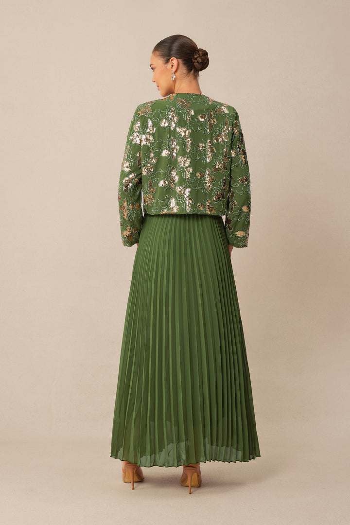 Grünes Pailletten-Blumen-Crop-Jacke & Plissiertes Kleid Set Jacke Ärmel - KYMA