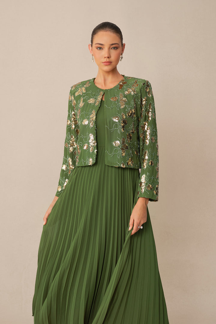 Grünes Pailletten-Blumen-Crop-Jacke & Plissiertes Kleid Set Model mit Jacke - KYMA