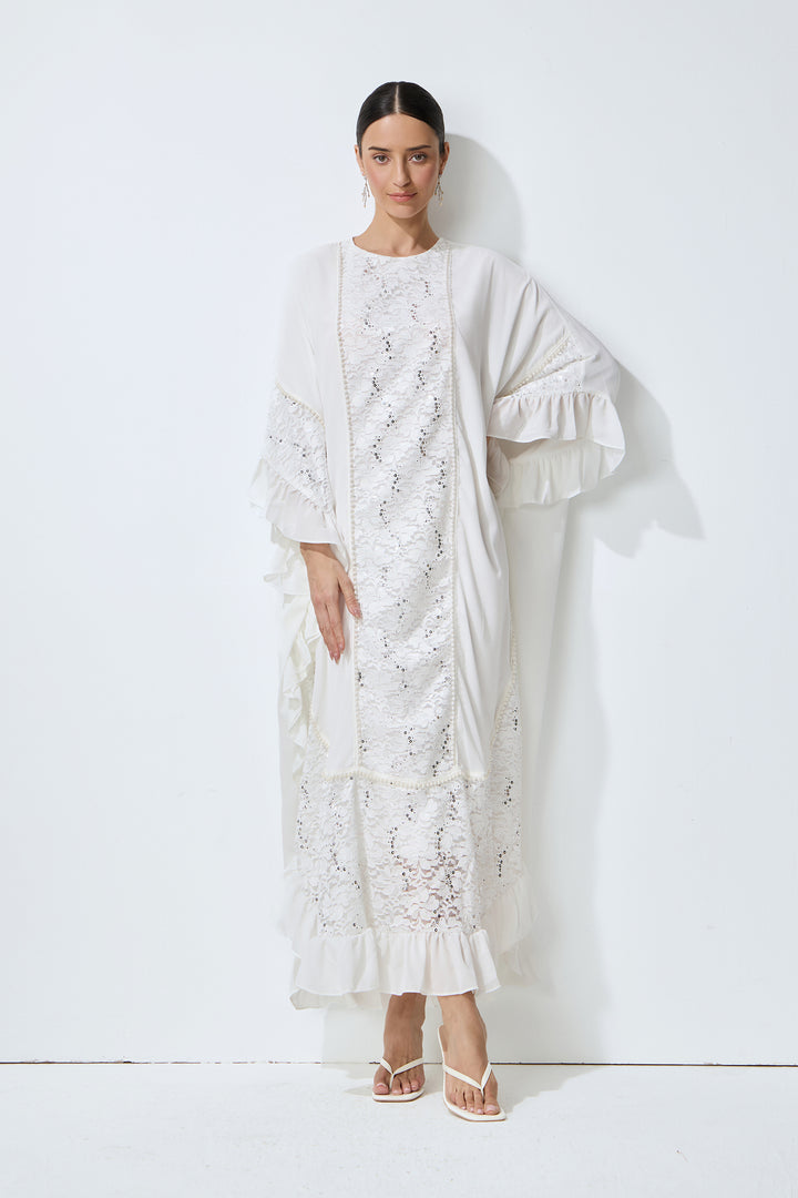 Weißes Maxi-Kleid mit Pailletten und Spitzenbesatz - KYMA