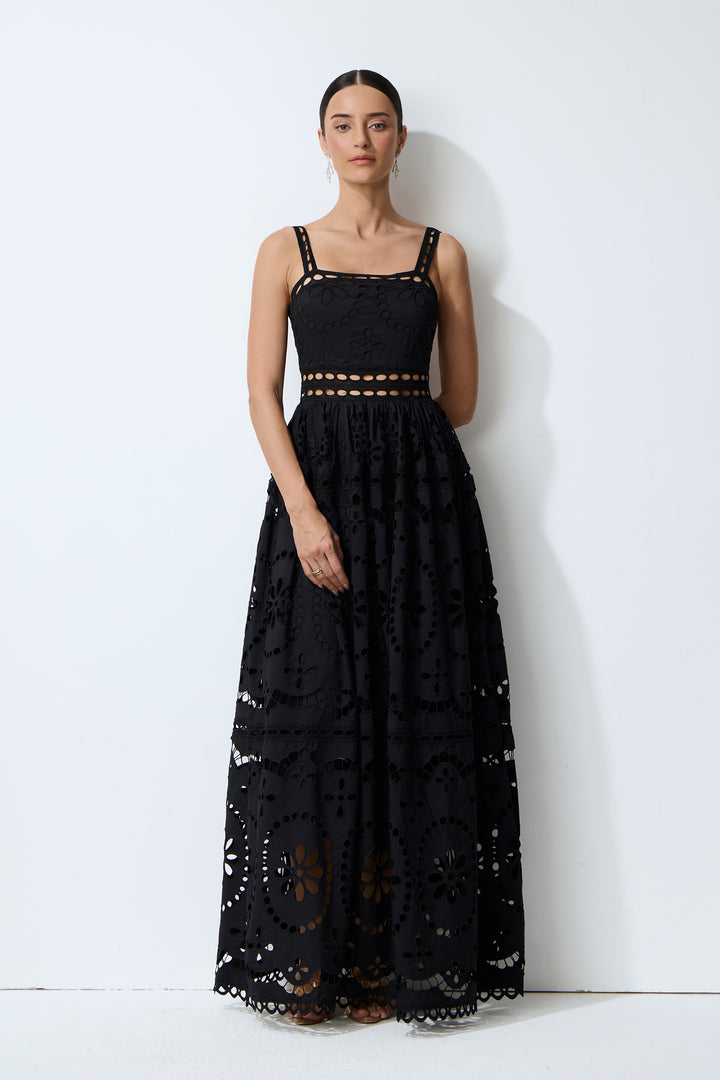 Schwarzes ärmelloses Maxikleid mit floraler Ösenstickerei - KYMA