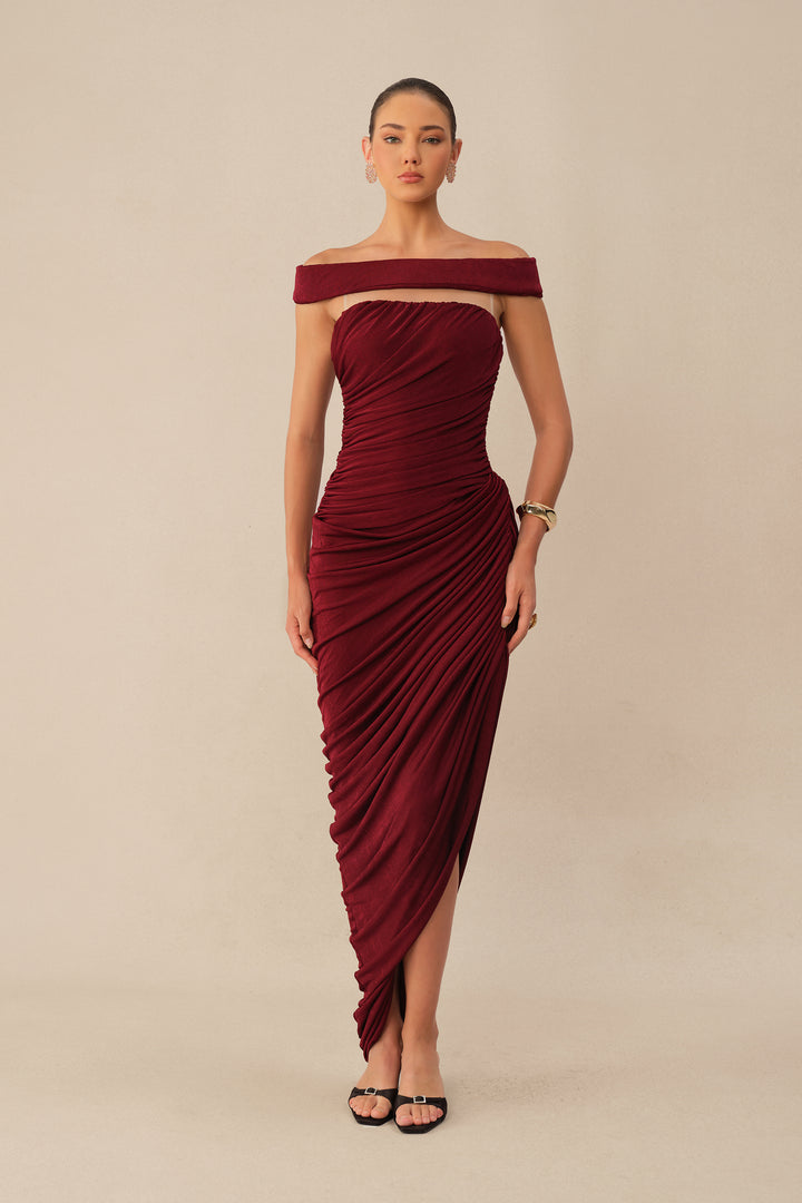 Burgundy Off-Shoulder Side Slit Knit Maxi Dress - KYMA